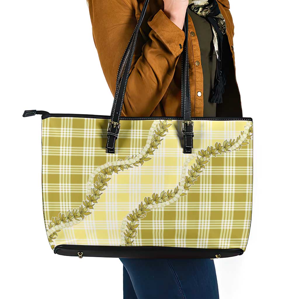 Yellow Hawaii Palaka Leather Tote Bag Hawaiian Pikake Lei