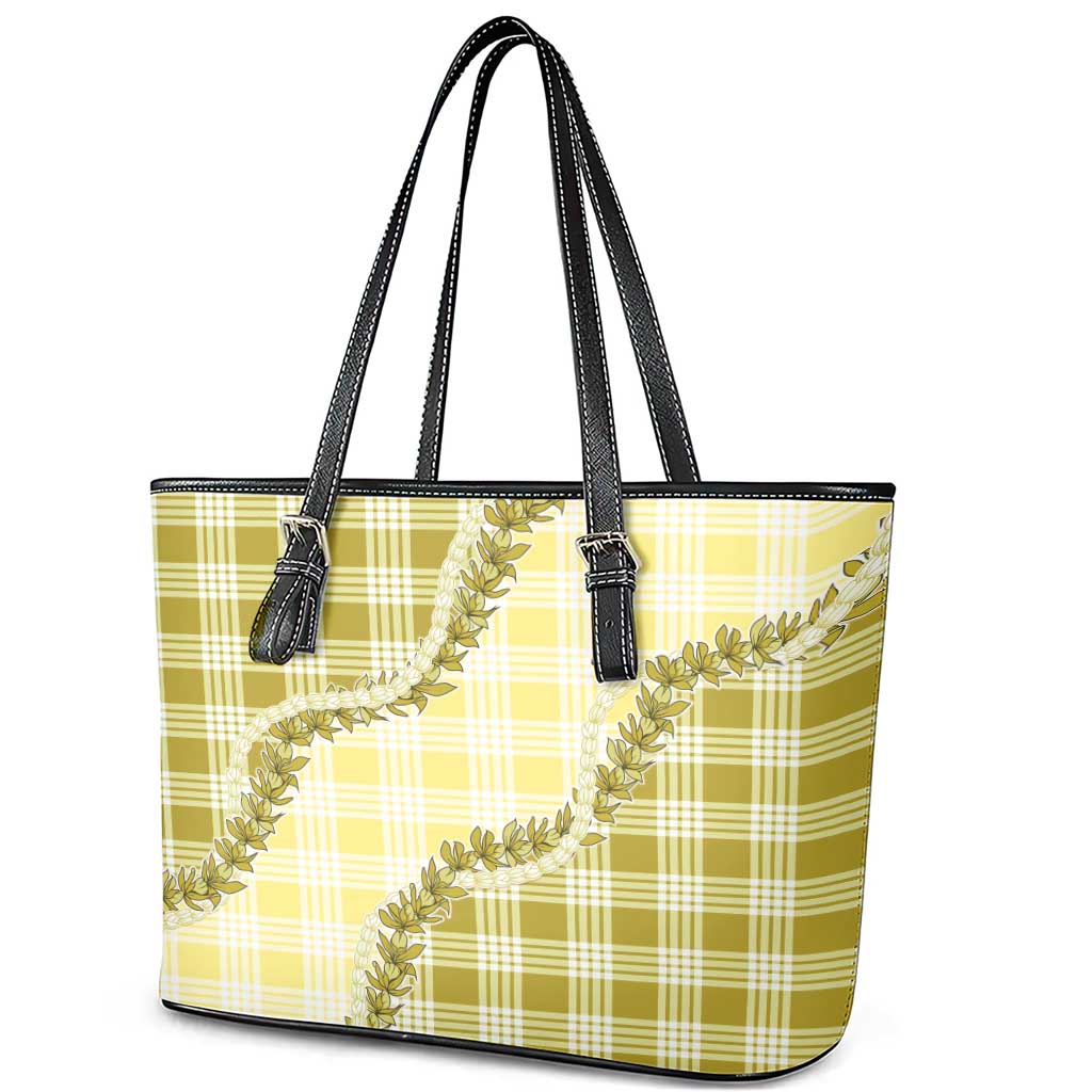 Yellow Hawaii Palaka Leather Tote Bag Hawaiian Pikake Lei