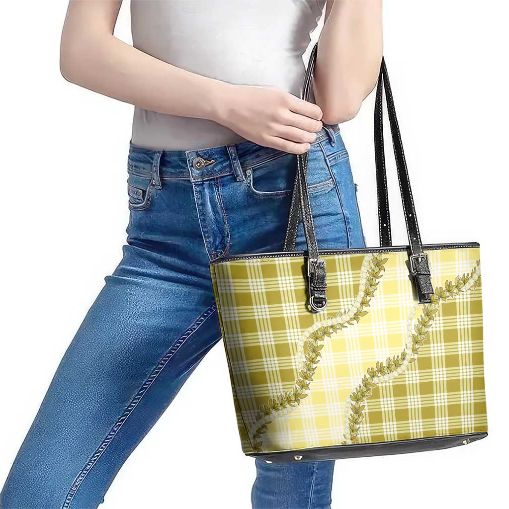 Yellow Hawaii Palaka Leather Tote Bag Hawaiian Pikake Lei