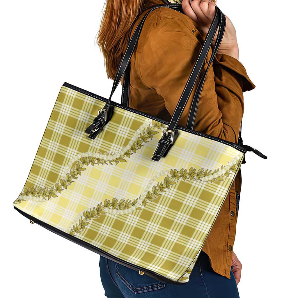 Yellow Hawaii Palaka Leather Tote Bag Hawaiian Pikake Lei