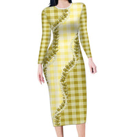 Yellow Hawaii Palaka Long Sleeve Bodycon Dress Hawaiian Pikake Lei