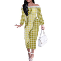 Yellow Hawaii Palaka Off The Shoulder Long Sleeve Dress Hawaiian Pikake Lei