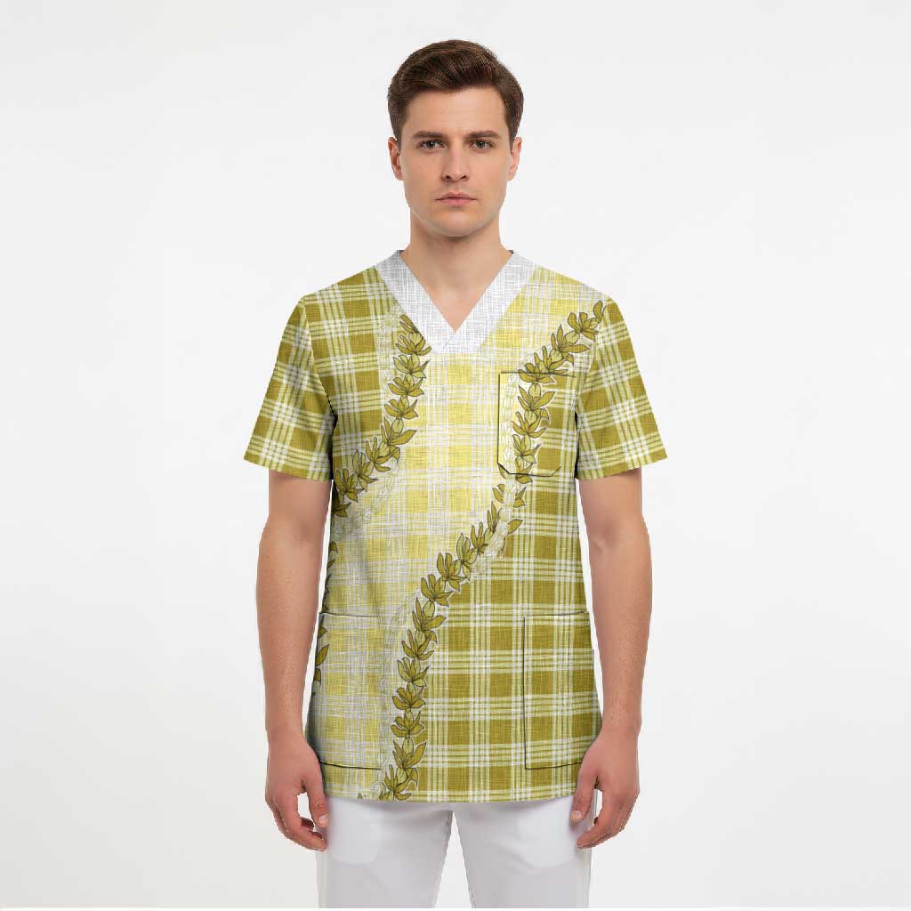 Yellow Hawaii Palaka Scrub Top Hawaiian Pikake Lei