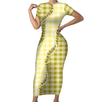 Yellow Hawaii Palaka Short Sleeve Bodycon Dress Hawaiian Pikake Lei