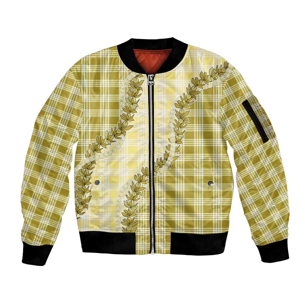 Yellow Hawaii Palaka Sleeve Zip Bomber Jacket Hawaiian Pikake Lei