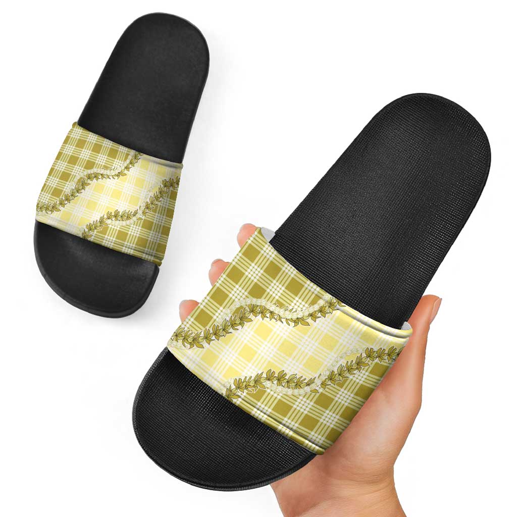 Yellow Hawaii Palaka Slide Sandals Hawaiian Pikake Lei