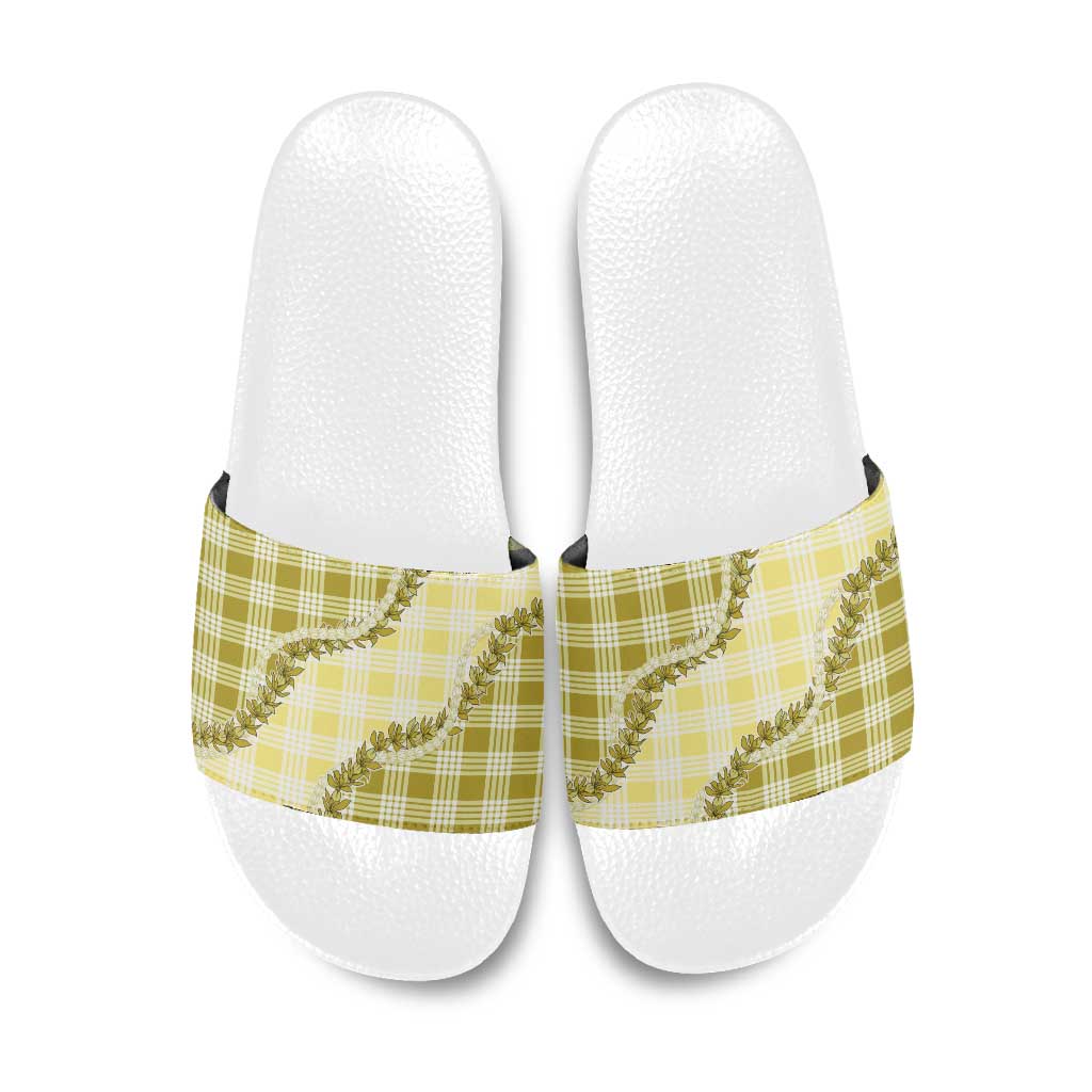 Yellow Hawaii Palaka Slide Sandals Hawaiian Pikake Lei
