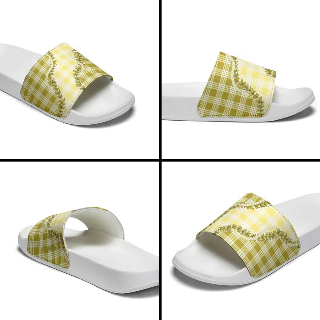 Yellow Hawaii Palaka Slide Sandals Hawaiian Pikake Lei