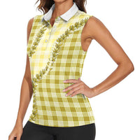 Yellow Hawaii Palaka Women Sleeveless Polo Shirt Hawaiian Pikake Lei