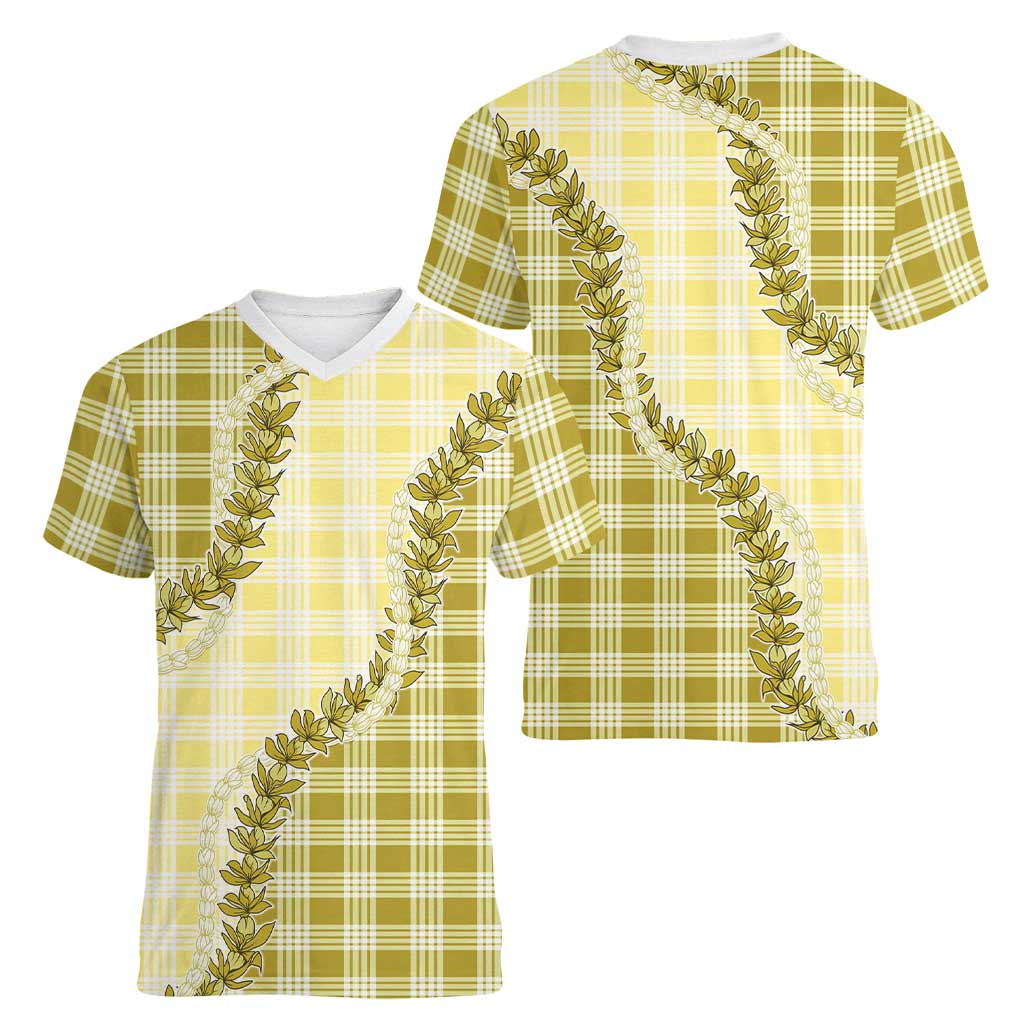 Yellow Hawaii Palaka Women V-Neck T-Shirt Hawaiian Pikake Lei