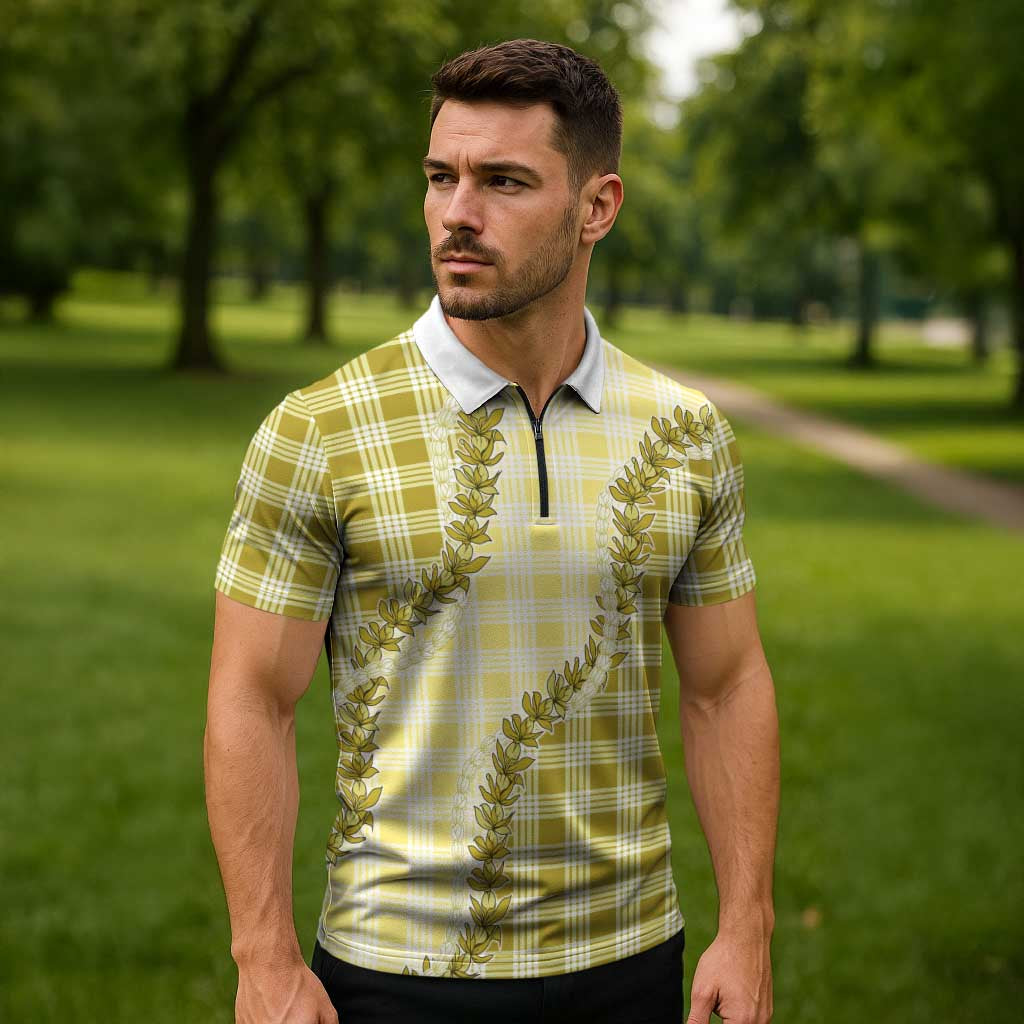 Yellow Hawaii Palaka Zipper Polo Shirt Hawaiian Pikake Lei