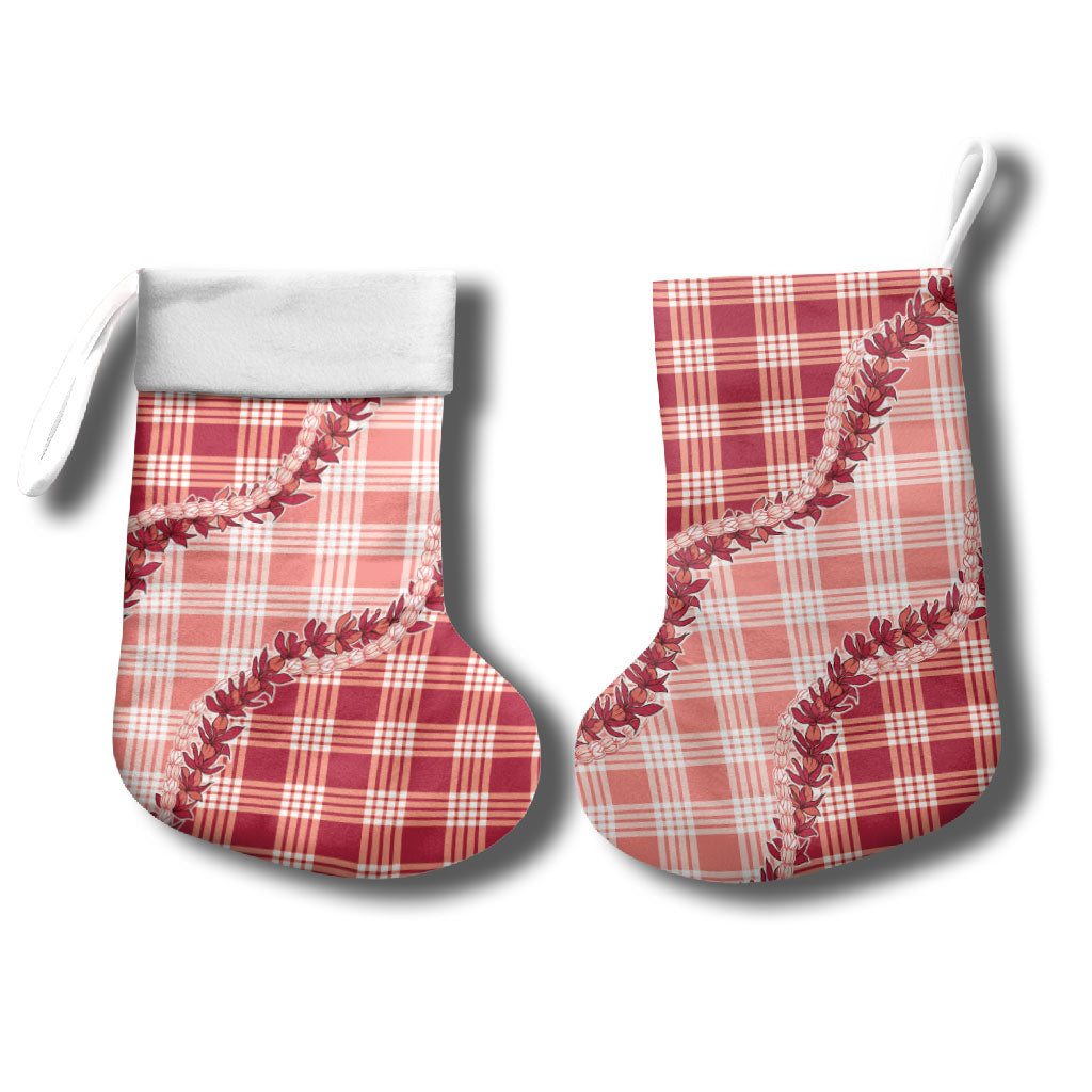Red Hawaii Palaka Christmas Stocking Hawaiian Pikake Lei LT05 - Polynesian Pride
