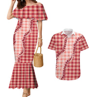Red Hawaii Palaka Couples Matching Mermaid Dress and Hawaiian Shirt Hawaiian Pikake Lei