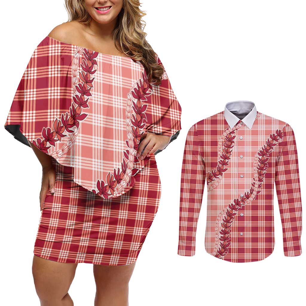 Red Hawaii Palaka Couples Matching Off Shoulder Short Dress and Long Sleeve Button Shirt Hawaiian Pikake Lei