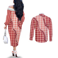 Red Hawaii Palaka Couples Matching Off The Shoulder Long Sleeve Dress and Long Sleeve Button Shirt Hawaiian Pikake Lei