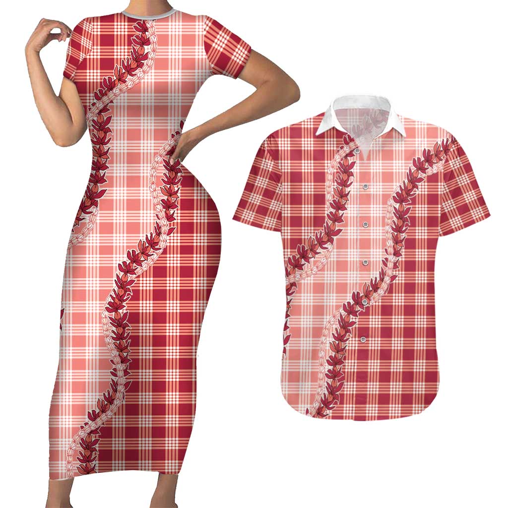 Red Hawaii Palaka Couples Matching Short Sleeve Bodycon Dress and Hawaiian Shirt Hawaiian Pikake Lei