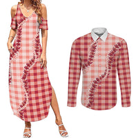 Red Hawaii Palaka Couples Matching Summer Maxi Dress and Long Sleeve Button Shirt Hawaiian Pikake Lei
