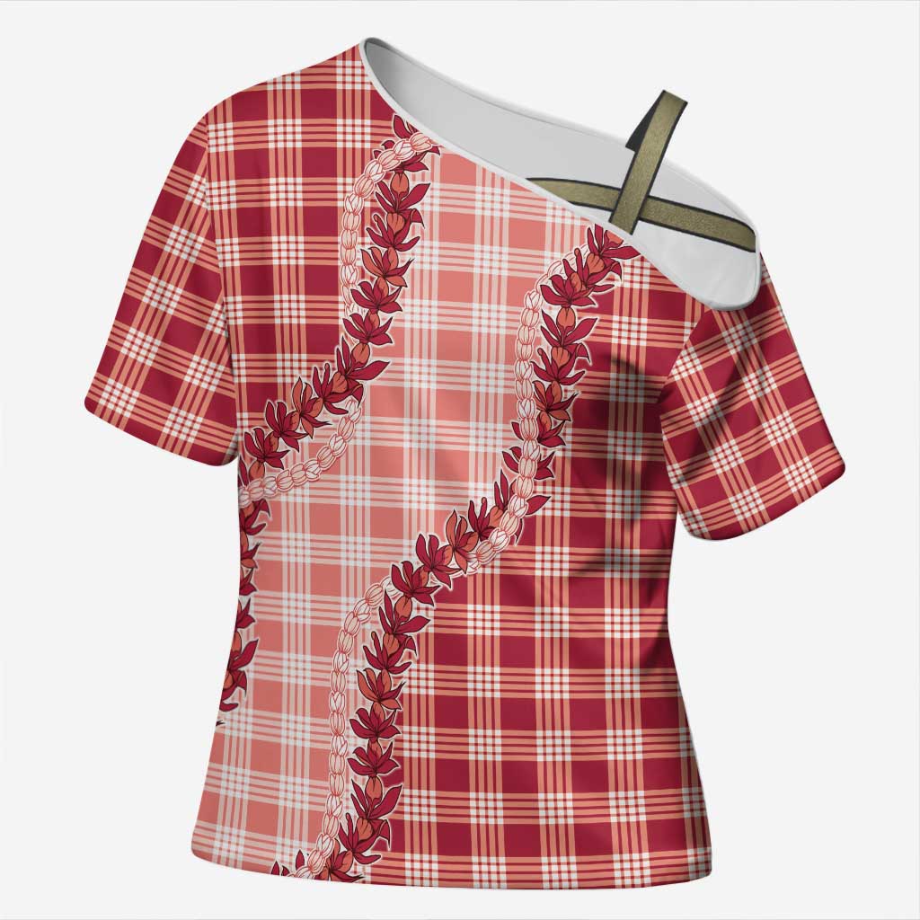 Red Hawaii Palaka Cross Shoulder Shirt Hawaiian Pikake Lei