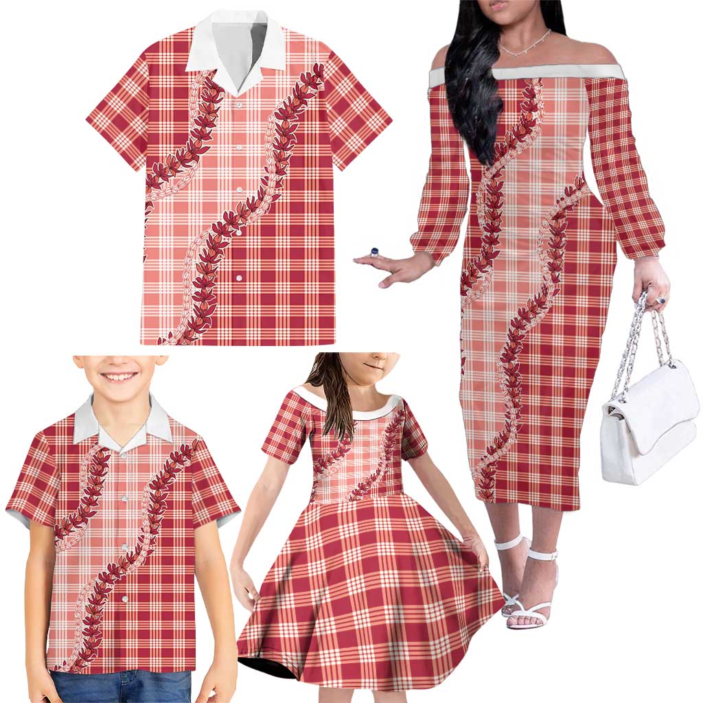Red Hawaii Palaka Family Matching Off The Shoulder Long Sleeve Dress and Hawaiian Shirt Hawaiian Pikake Lei