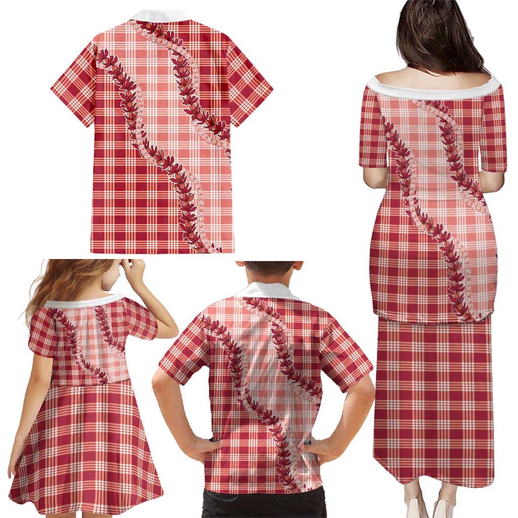 Red Hawaii Palaka Family Matching Puletasi and Hawaiian Shirt Hawaiian Pikake Lei