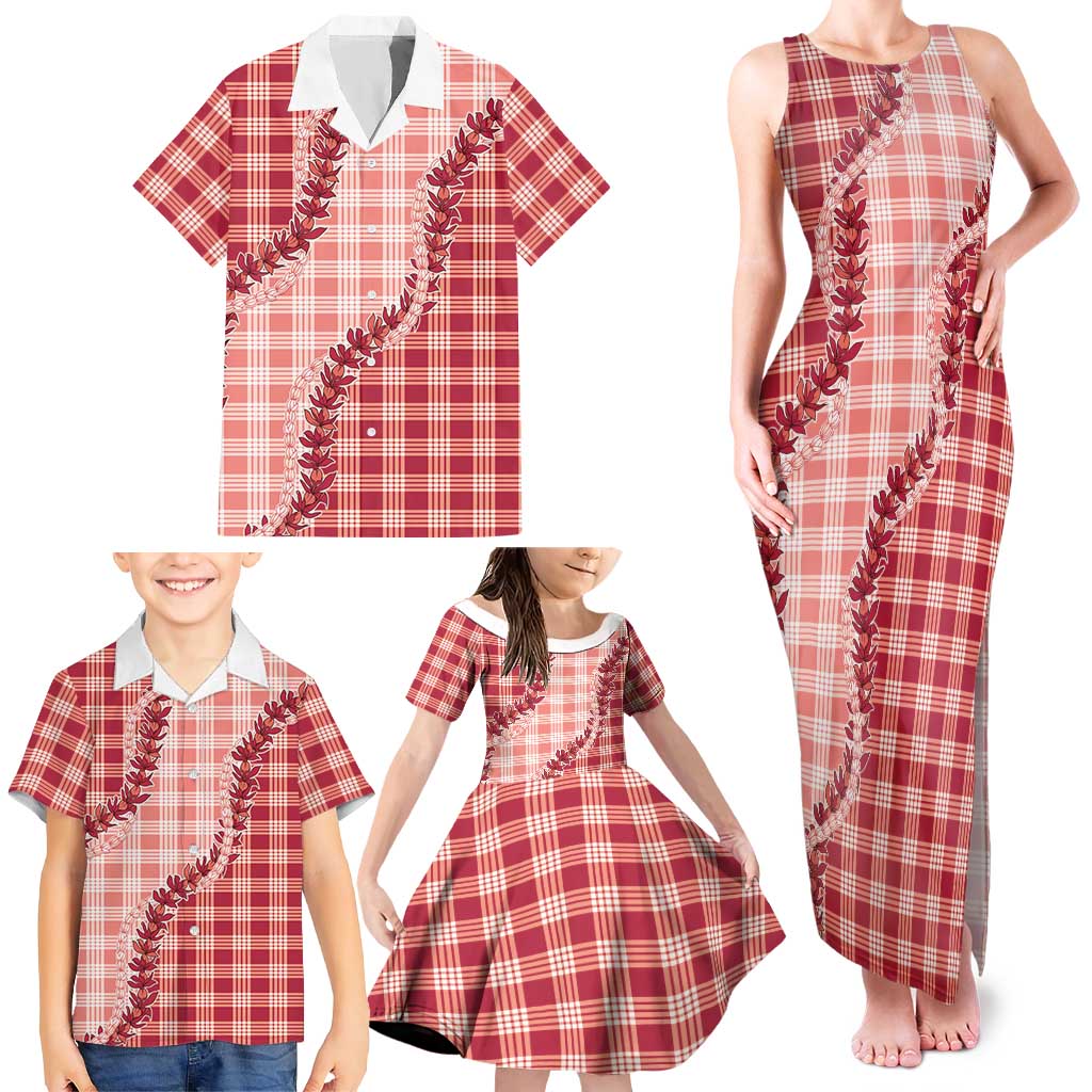 Red Hawaii Palaka Family Matching Tank Maxi Dress and Hawaiian Shirt Hawaiian Pikake Lei LT05 - Polynesian Pride