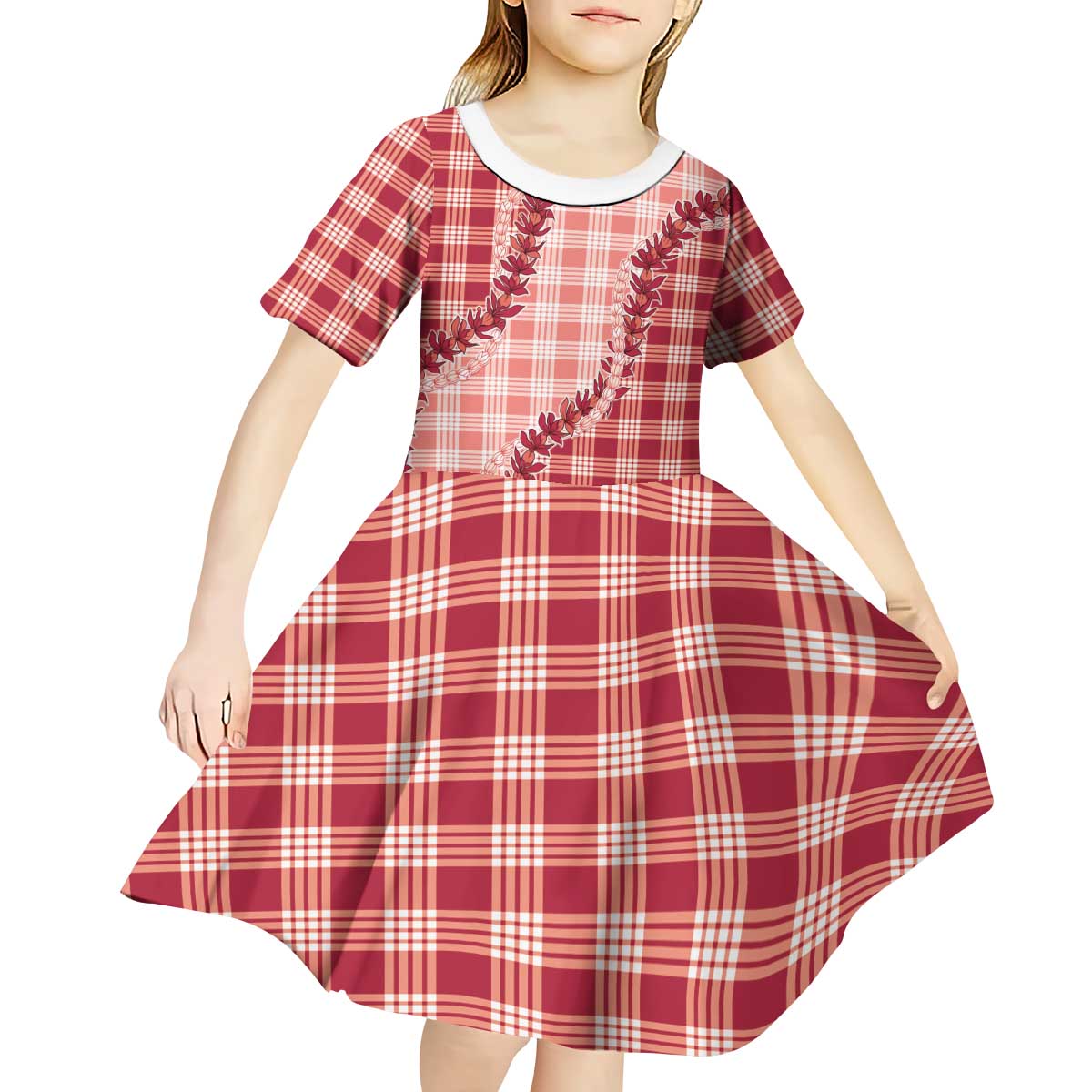 Red Hawaii Palaka Kid Short Sleeve Dress Hawaiian Pikake Lei