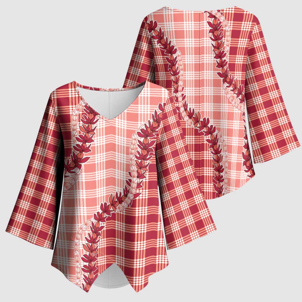 Red Hawaii Palaka Kimono Sleeve Blouse Hawaiian Pikake Lei