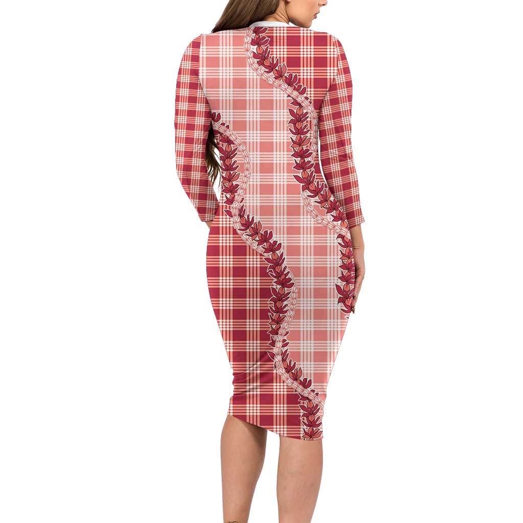 Red Hawaii Palaka Long Sleeve Bodycon Dress Hawaiian Pikake Lei