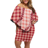 Red Hawaii Palaka Off Shoulder Short Dress Hawaiian Pikake Lei