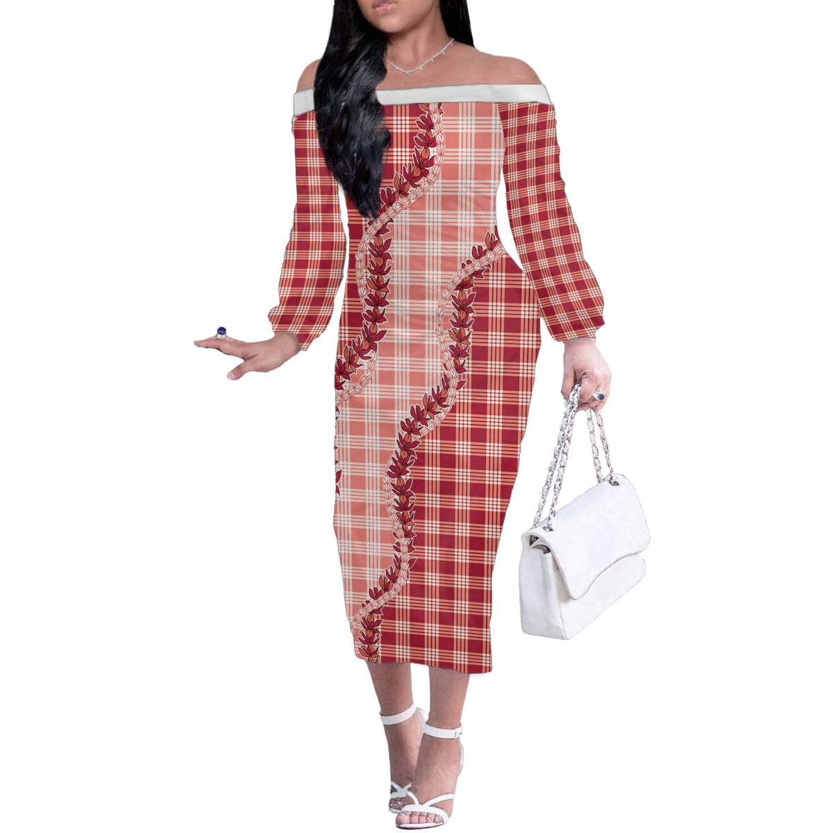 Red Hawaii Palaka Off The Shoulder Long Sleeve Dress Hawaiian Pikake Lei