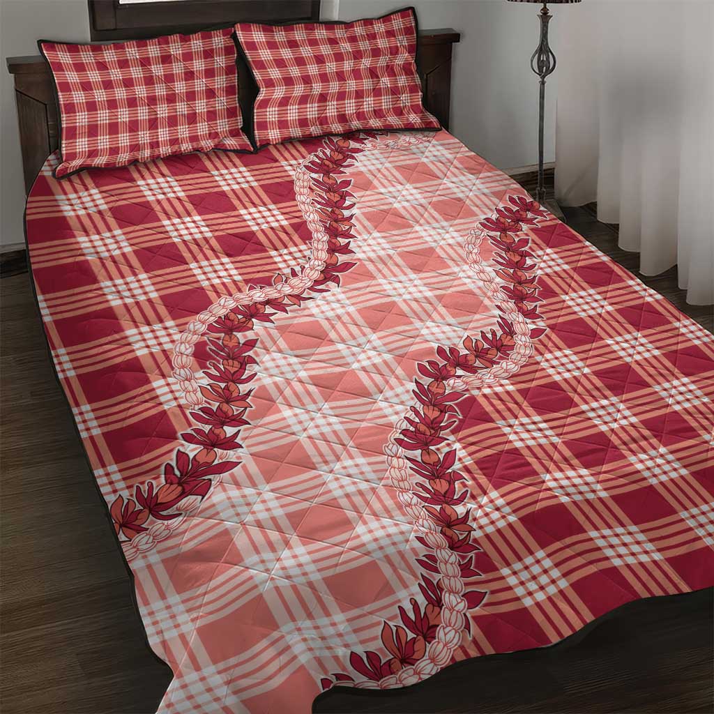Red Hawaii Palaka Quilt Bed Set Hawaiian Pikake Lei