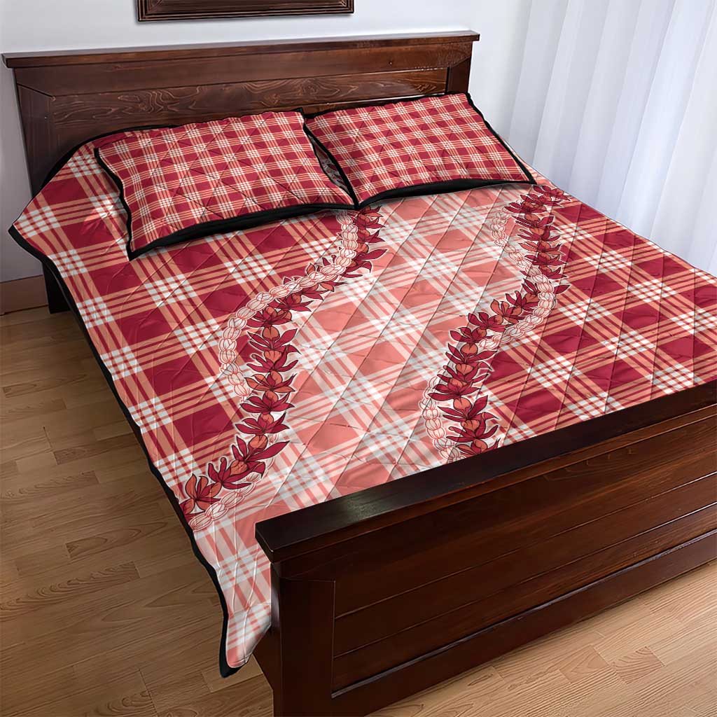 Red Hawaii Palaka Quilt Bed Set Hawaiian Pikake Lei