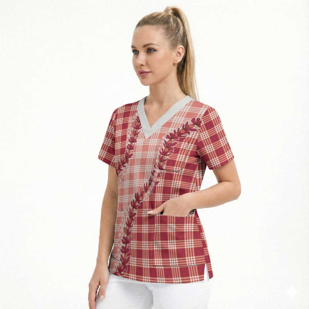 Red Hawaii Palaka Scrub Top Hawaiian Pikake Lei