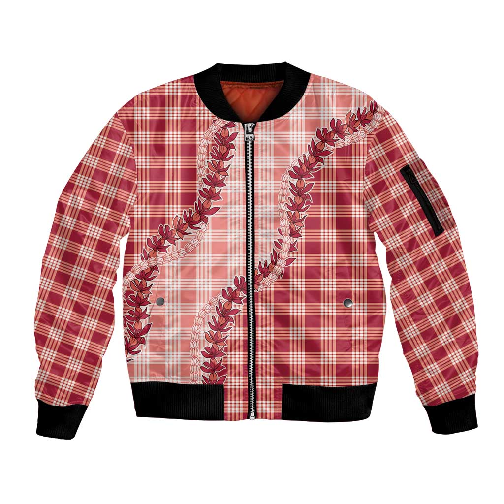 Red Hawaii Palaka Sleeve Zip Bomber Jacket Hawaiian Pikake Lei