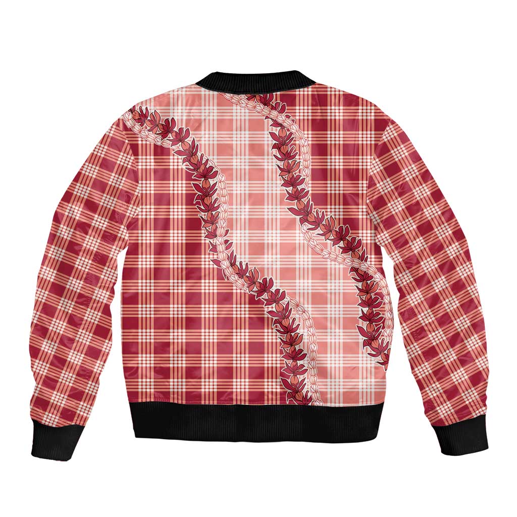 Red Hawaii Palaka Sleeve Zip Bomber Jacket Hawaiian Pikake Lei
