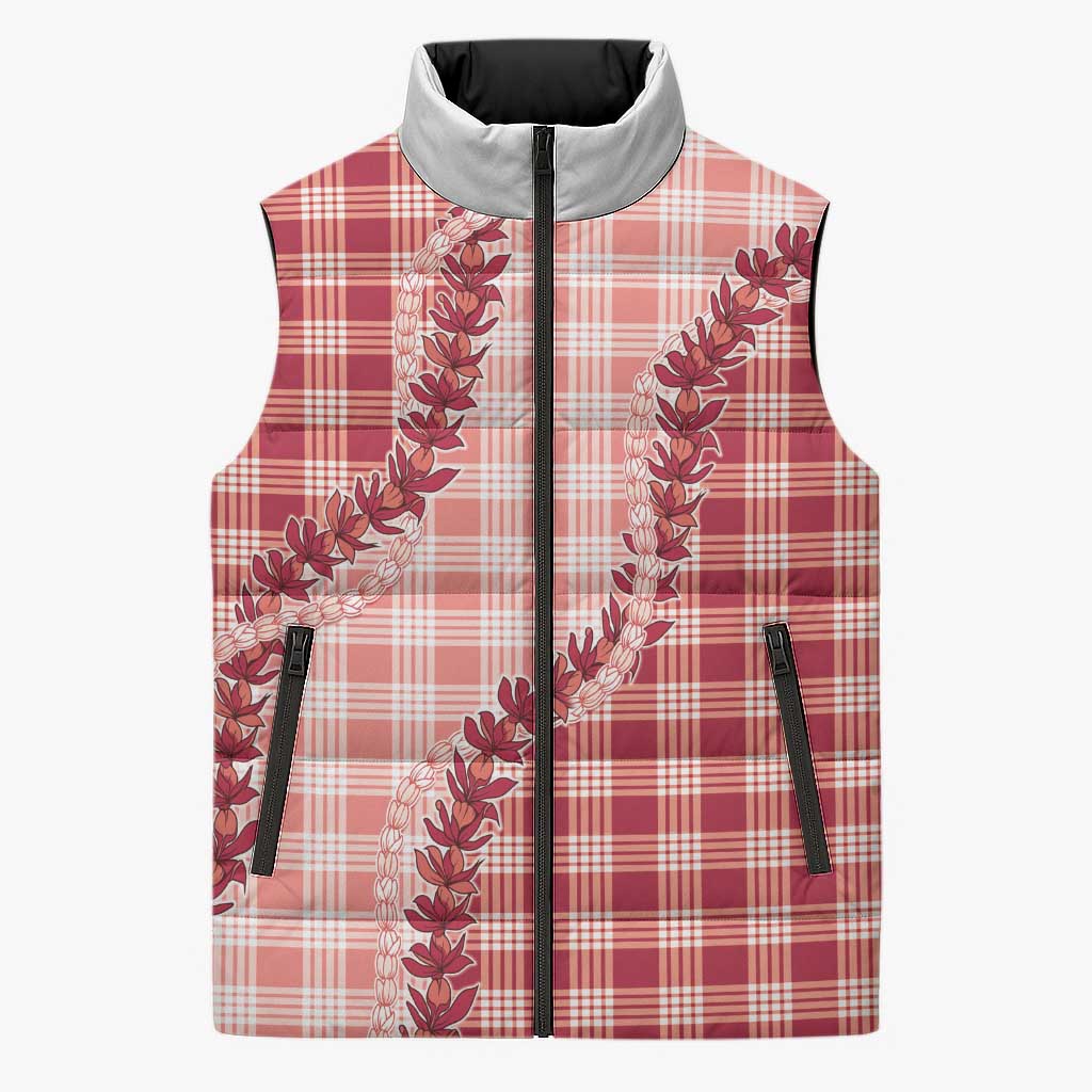 Red Hawaii Palaka Sleeveless Puffer Jacket Hawaiian Pikake Lei