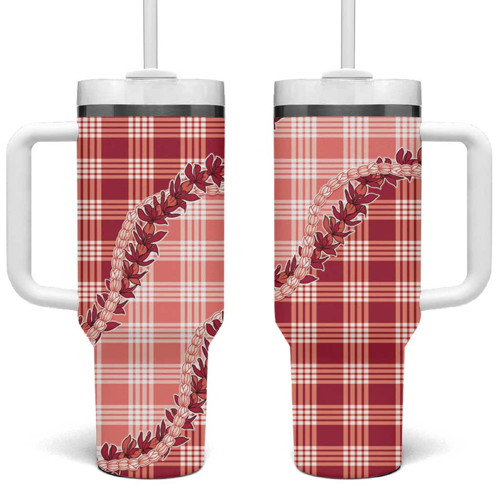 Red Hawaii Palaka Tumbler With Handle Hawaiian Pikake Lei