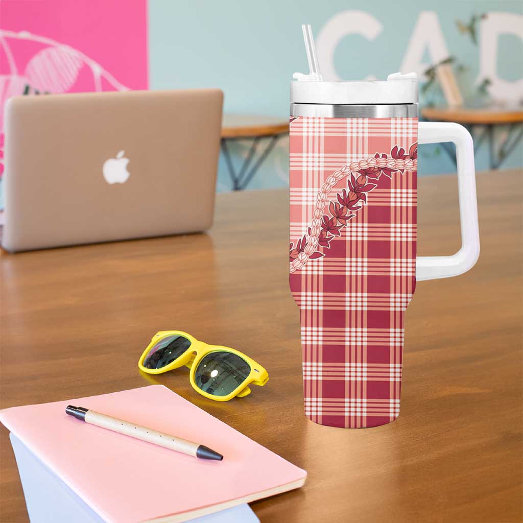 Red Hawaii Palaka Tumbler With Handle Hawaiian Pikake Lei