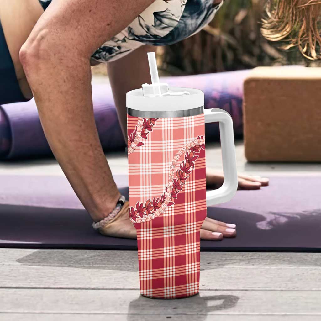 Red Hawaii Palaka Tumbler With Handle Hawaiian Pikake Lei