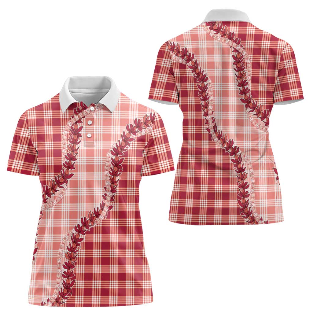 Red Hawaii Palaka Women Polo Shirt Hawaiian Pikake Lei