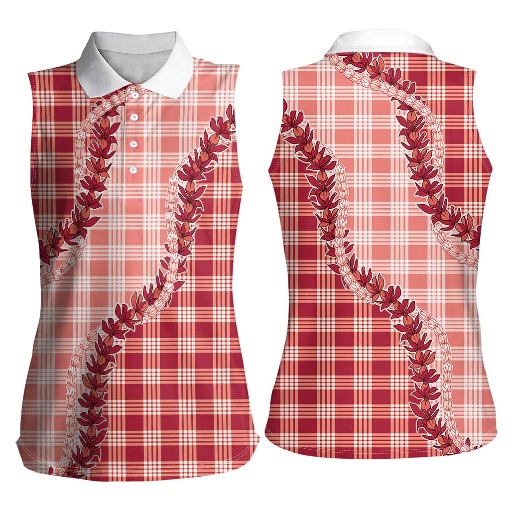 Red Hawaii Palaka Women Sleeveless Polo Shirt Hawaiian Pikake Lei