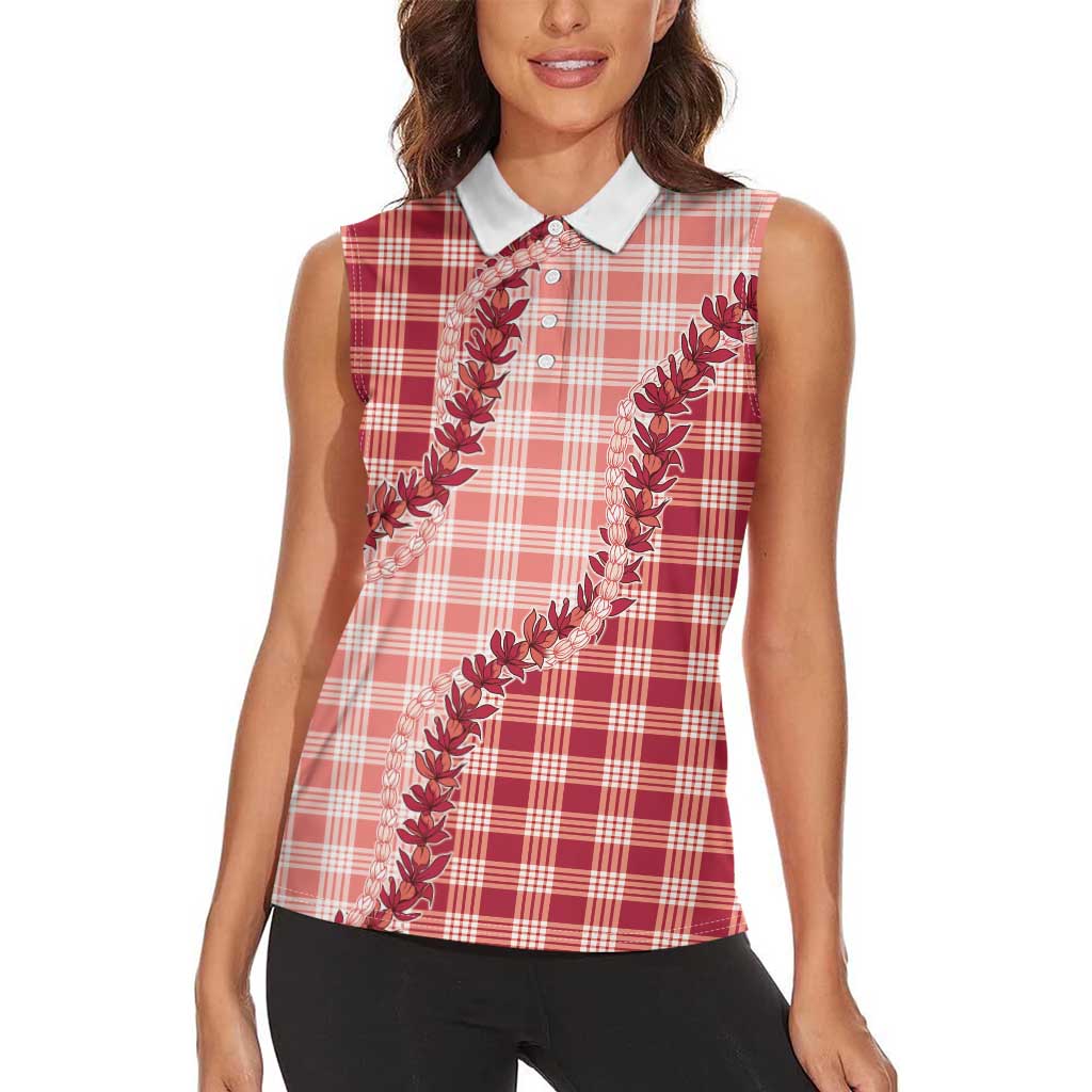 Red Hawaii Palaka Women Sleeveless Polo Shirt Hawaiian Pikake Lei