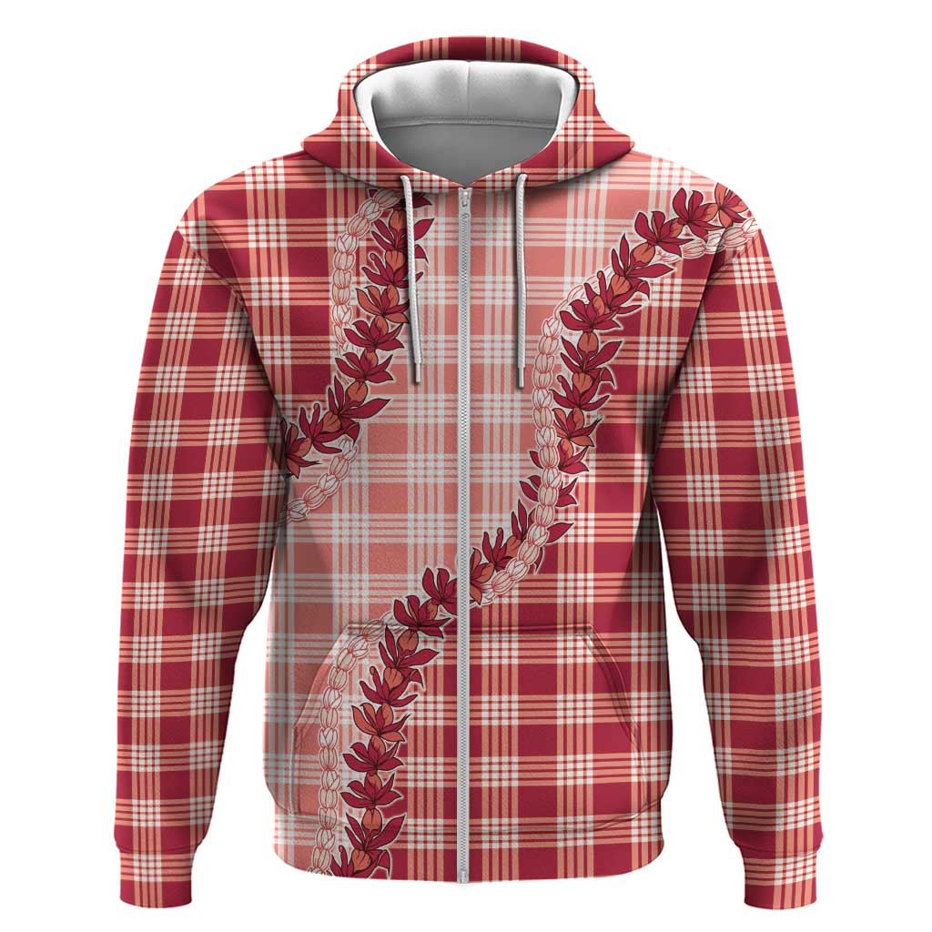 Red Hawaii Palaka Zip Hoodie Hawaiian Pikake Lei