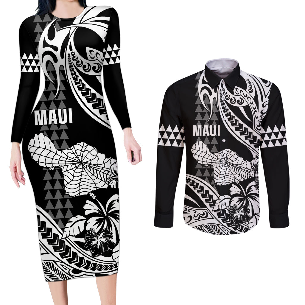 Hawaii Maui Upena Kiloi Couples Matching Long Sleeve Bodycon Dress and Long Sleeve Button Shirt Kakau Tribal Pattern Black Version