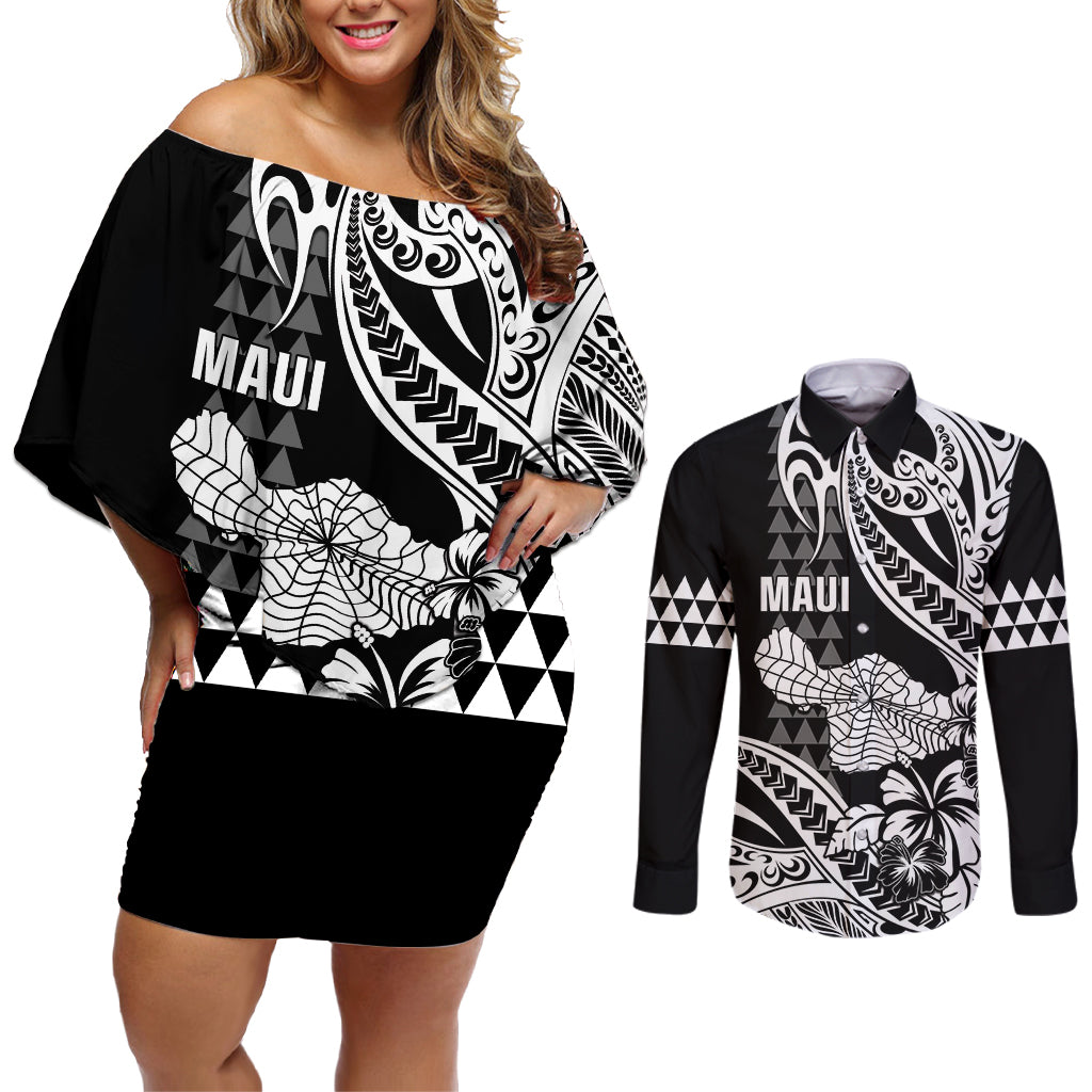 Hawaii Maui Upena Kiloi Couples Matching Off Shoulder Short Dress and Long Sleeve Button Shirt Kakau Tribal Pattern Black Version