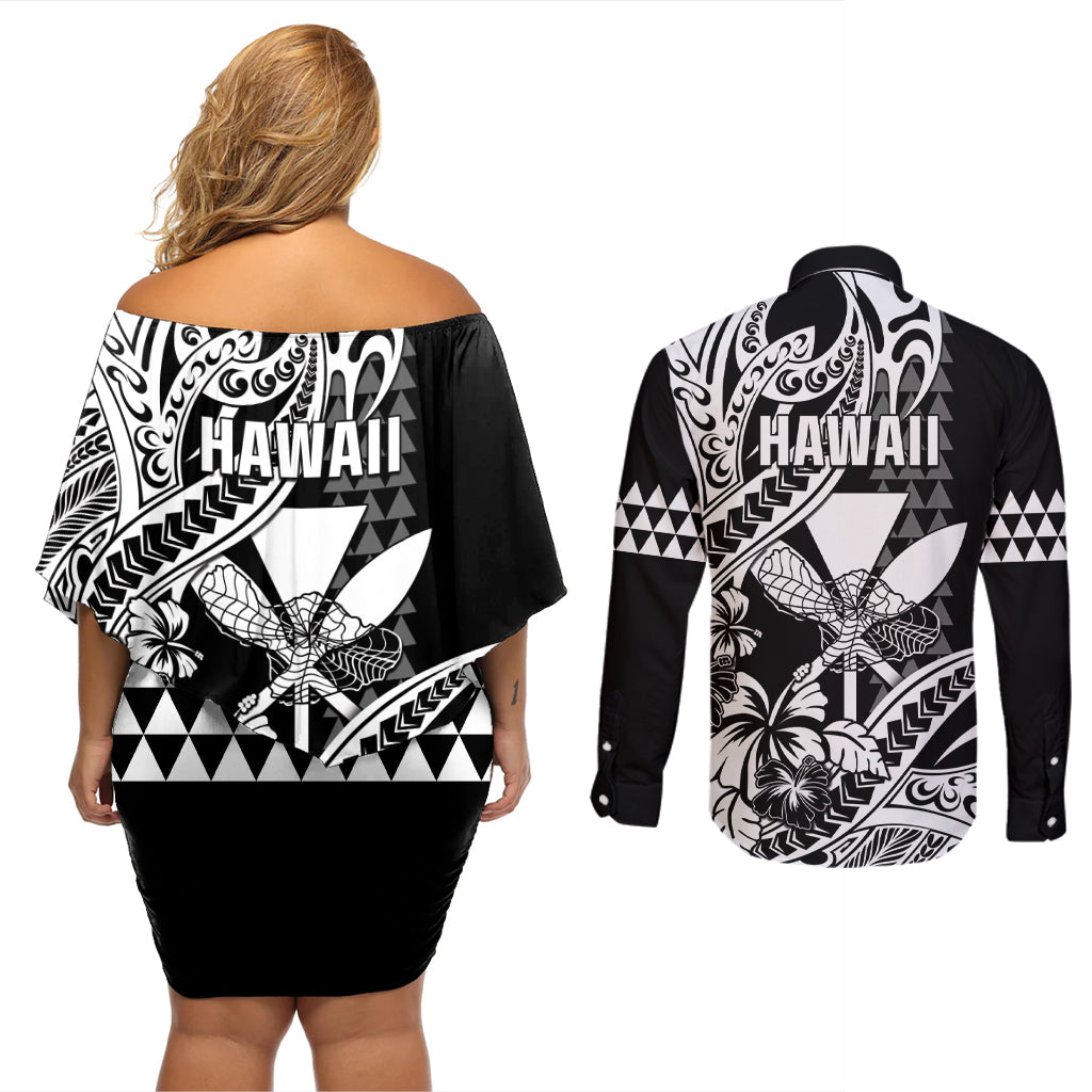 Hawaii Maui Upena Kiloi Couples Matching Off Shoulder Short Dress and Long Sleeve Button Shirt Kakau Tribal Pattern Black Version