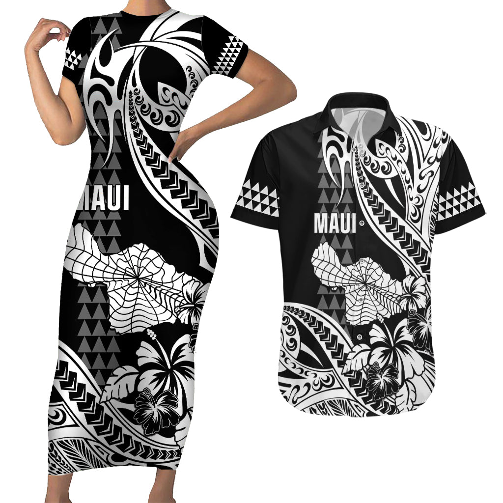 Hawaii Maui Upena Kiloi Couples Matching Short Sleeve Bodycon Dress and Hawaiian Shirt Kakau Tribal Pattern Black Version