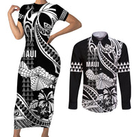 Hawaii Maui Upena Kiloi Couples Matching Short Sleeve Bodycon Dress and Long Sleeve Button Shirt Kakau Tribal Pattern Black Version