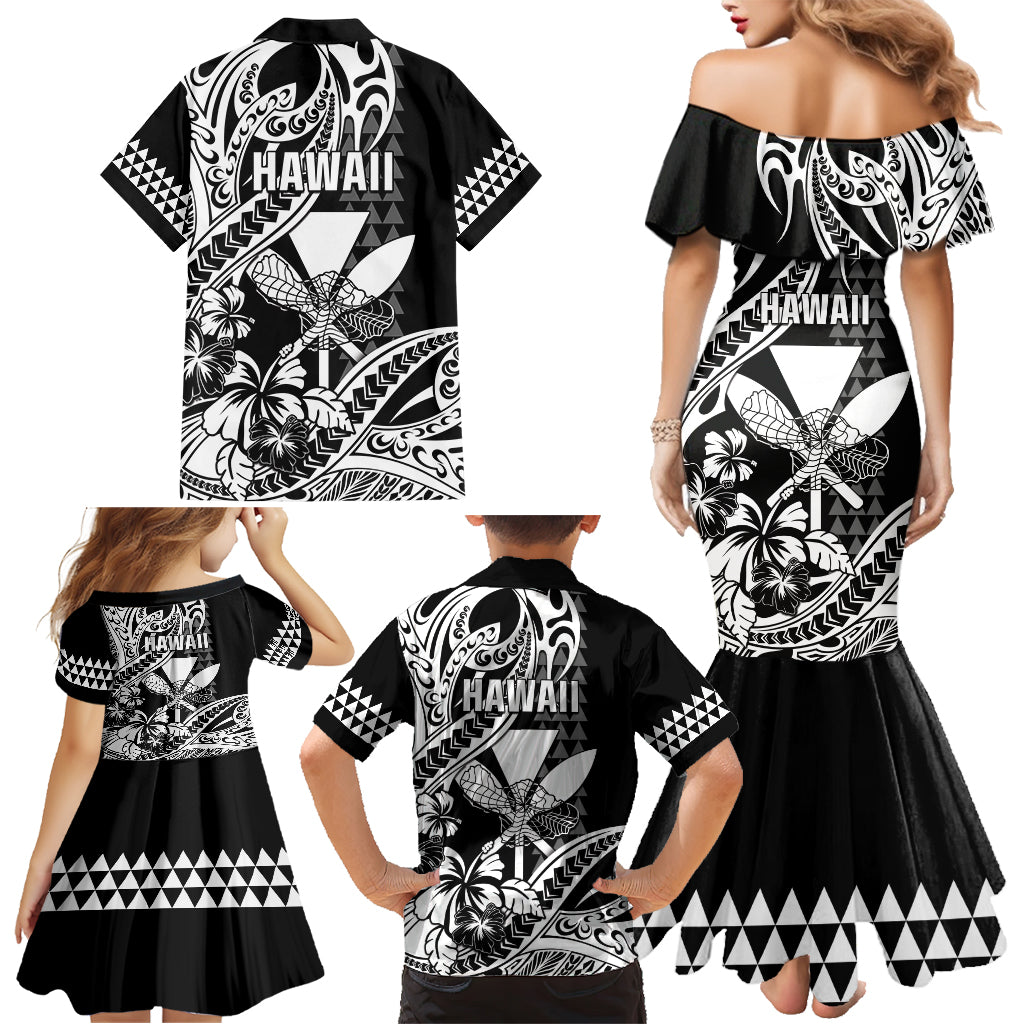 Hawaii Maui Upena Kiloi Family Matching Mermaid Dress and Hawaiian Shirt Kakau Tribal Pattern Black Version