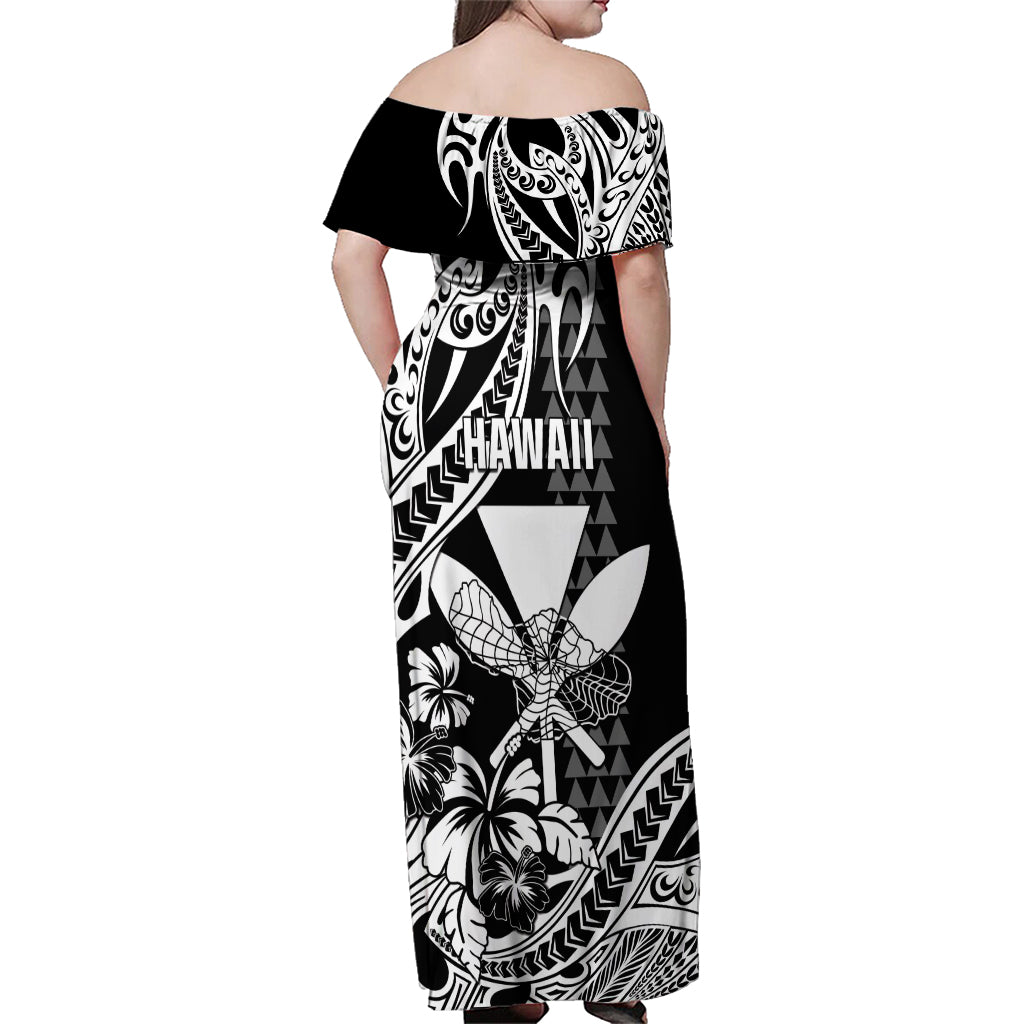 Hawaii Maui Upena Kiloi Family Matching Off Shoulder Maxi Dress and Hawaiian Shirt Kakau Tribal Pattern Black Version